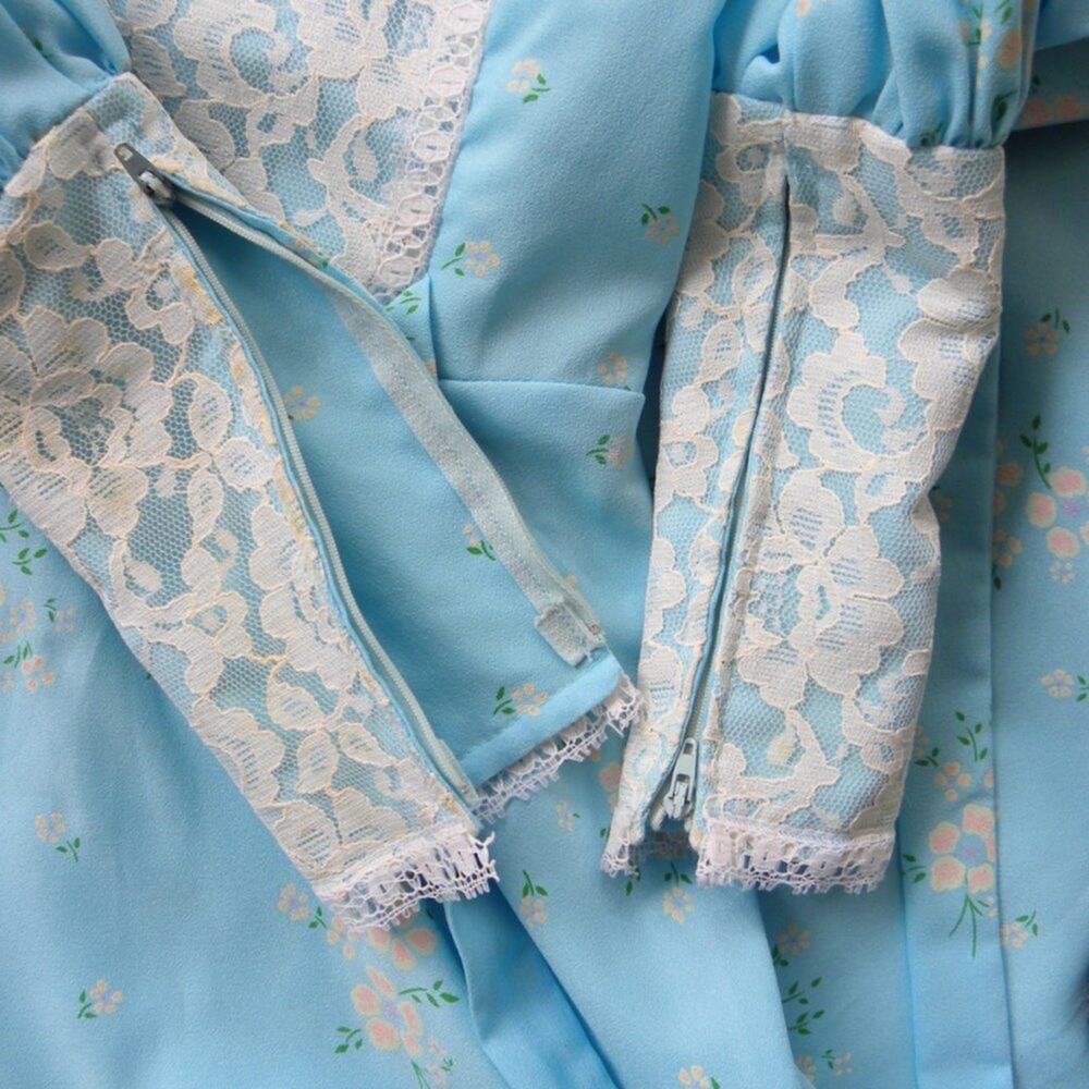 Vintage 70s Blue Prairie Maxi Dress Gunne Sax Style XS Lace Up Cottagecore Boho - Picture 6 of 11